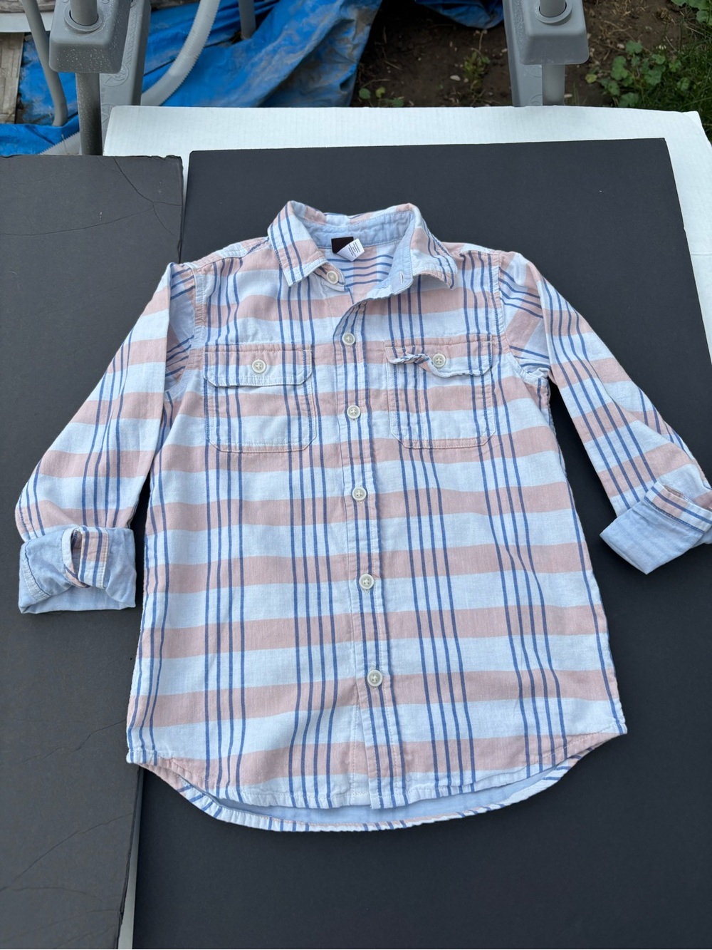 Tea Collection Light Blue & Tan Plaid Button-Up Shirt size 7